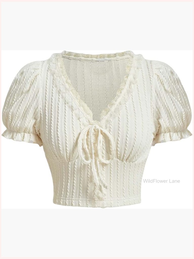 Knot Front Lace Trim Puff Sleeve V Neck Crop Top